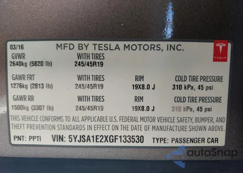 2016 Tesla Model S 60D/70D/75D/85D/90D z USA, uszkodzony, nr VIN 5YJSA1E2XGF133530